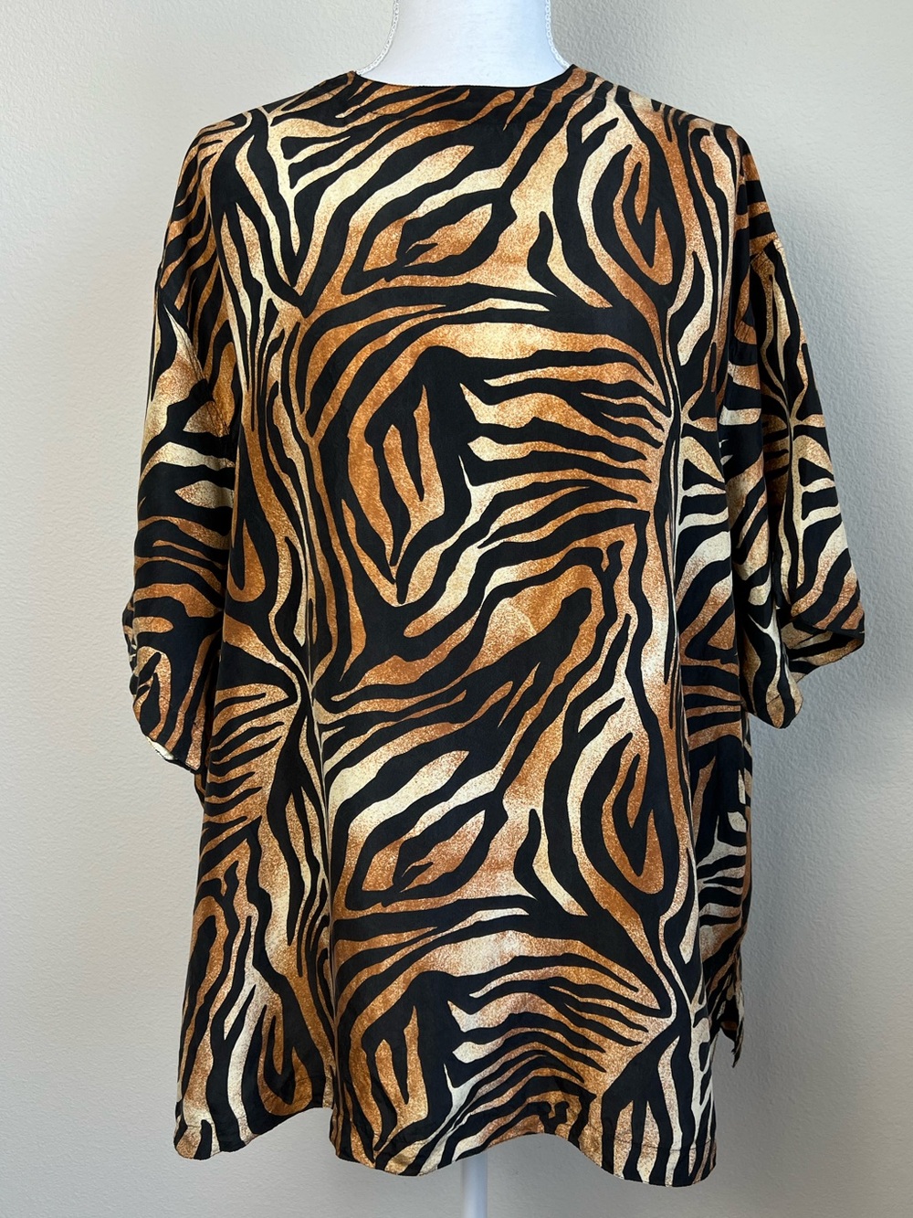 Quiet Luxury 100% Silk Animal Print Blouse Zebra Safari Boho 3X Vacation Tunic